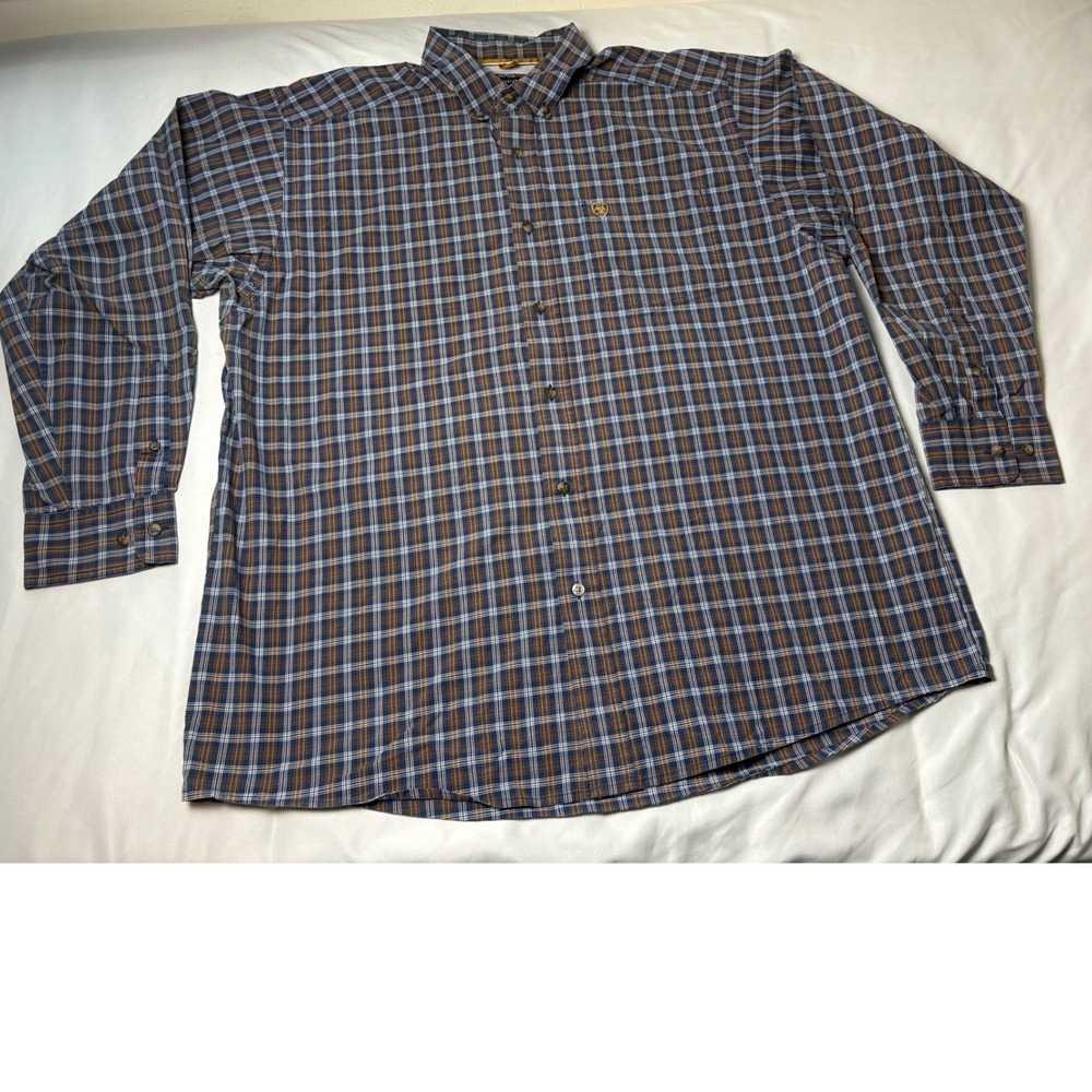 Ariat Pro Series Shirt Mens XL Blue Brown Plaid Stretch Long Sleeve Excellent